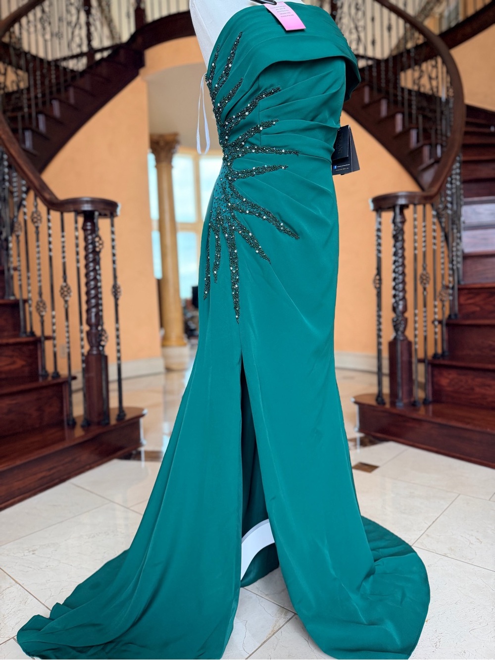 Terani Couture Emerald Green One-Shoulder Beaded Gown - Picture 5 of 13
